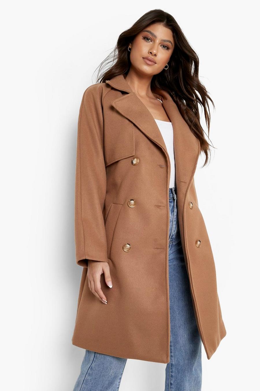 Camel Double Breasted Wool Look Trench Coat image number 1