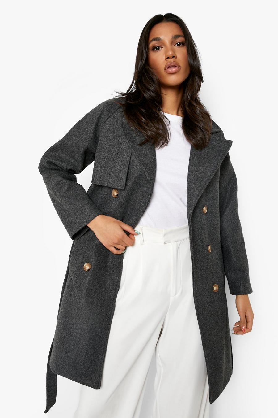 Grey Double Breasted Wool Look Trench Coat