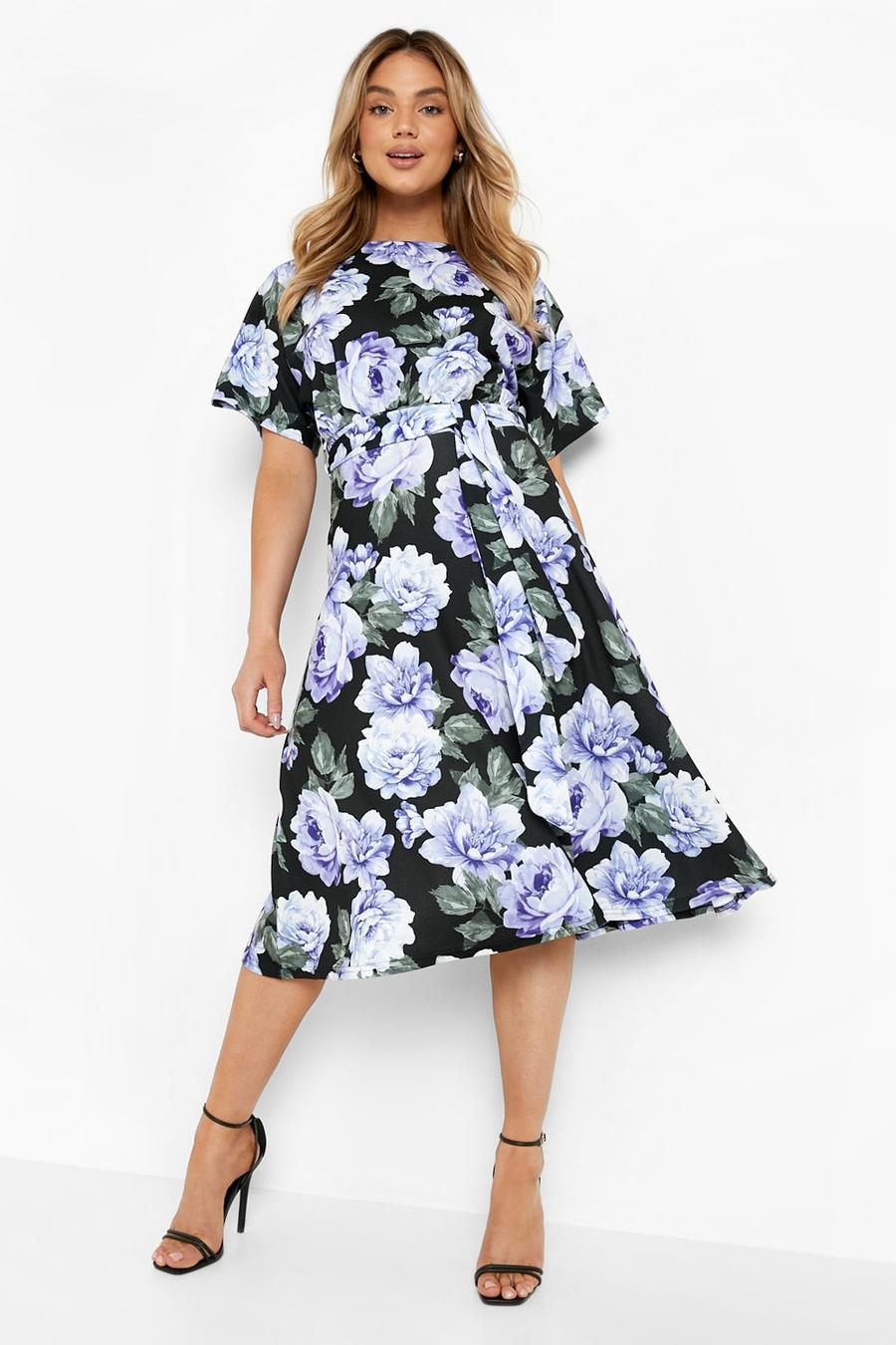 Lilac Floral Boat Neck Tie Waist Midi Dress image number 1