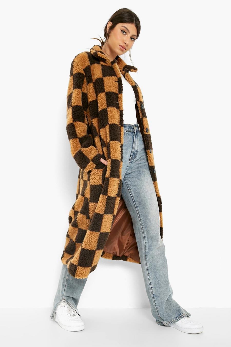 Chocolate Checkerboard Teddy Oversized Jacket image number 1