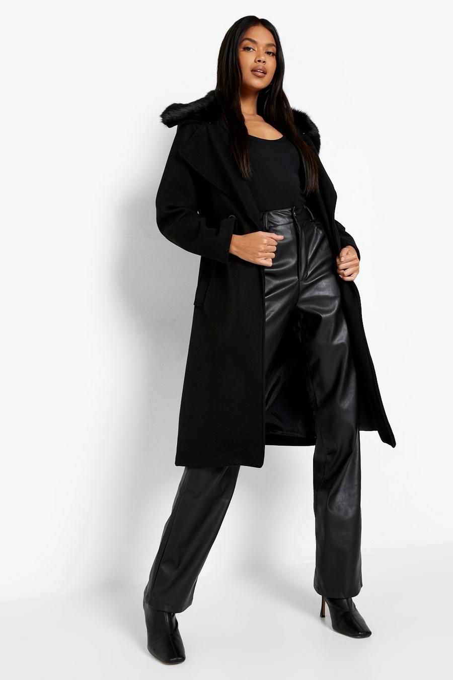 Black Faux Fur Collar Belted Wool Look Coat image number 1