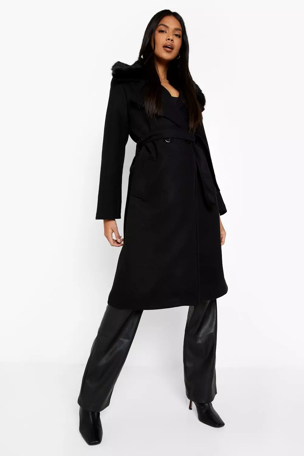 Black belted faux fur belted wool coat sale