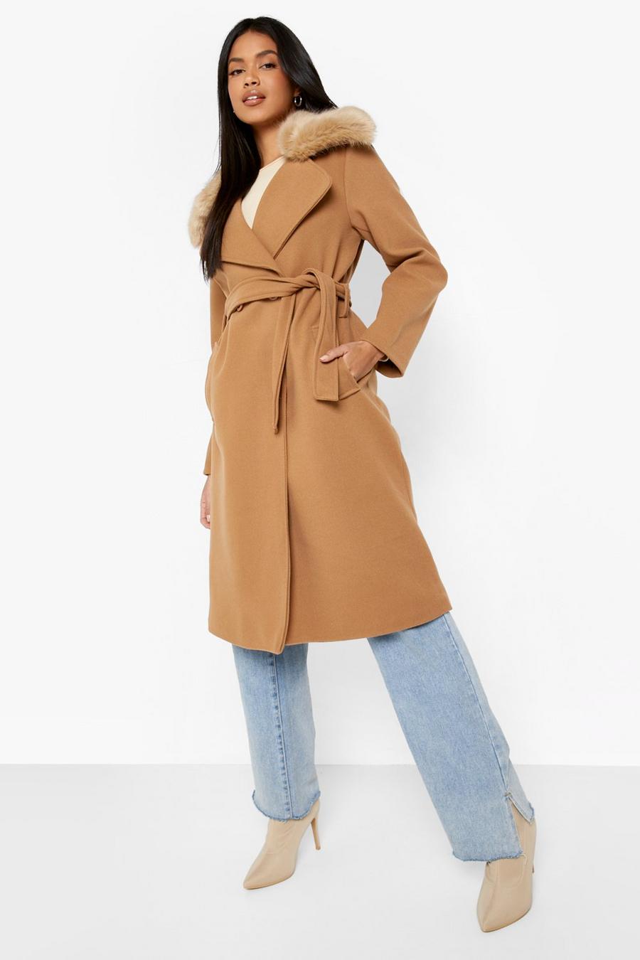 Camel Faux Fur Collar Belted Wool Look Coat image number 1