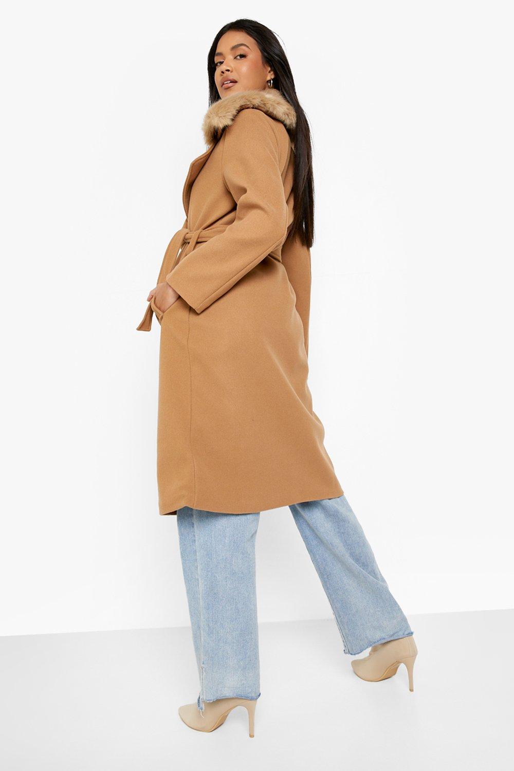 camel faux fur collar belted coat