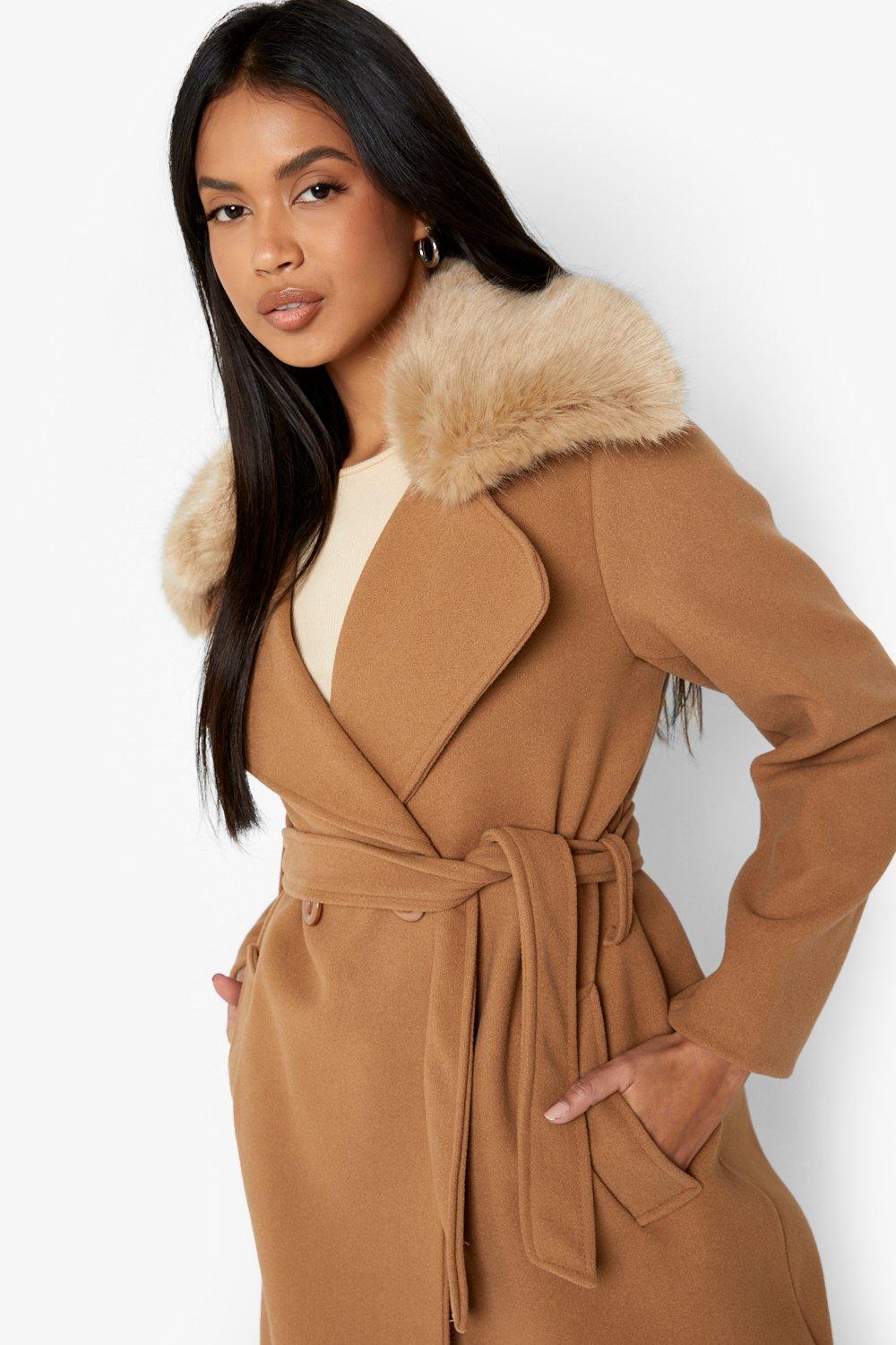 Faux fur collar belted coat hotsell