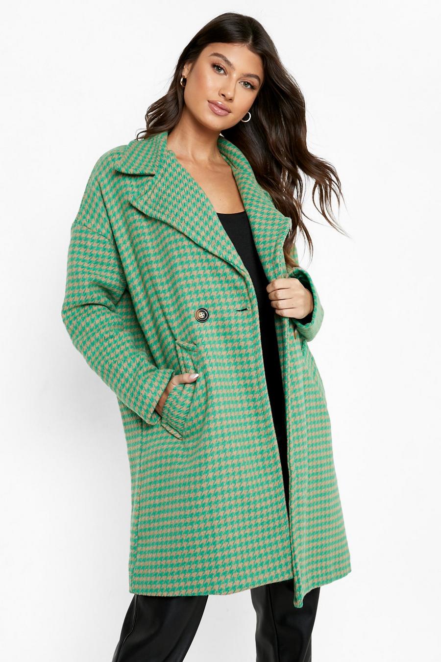 Abrigo efecto lana de corte largo con estampado de cuadros, Green image number 1