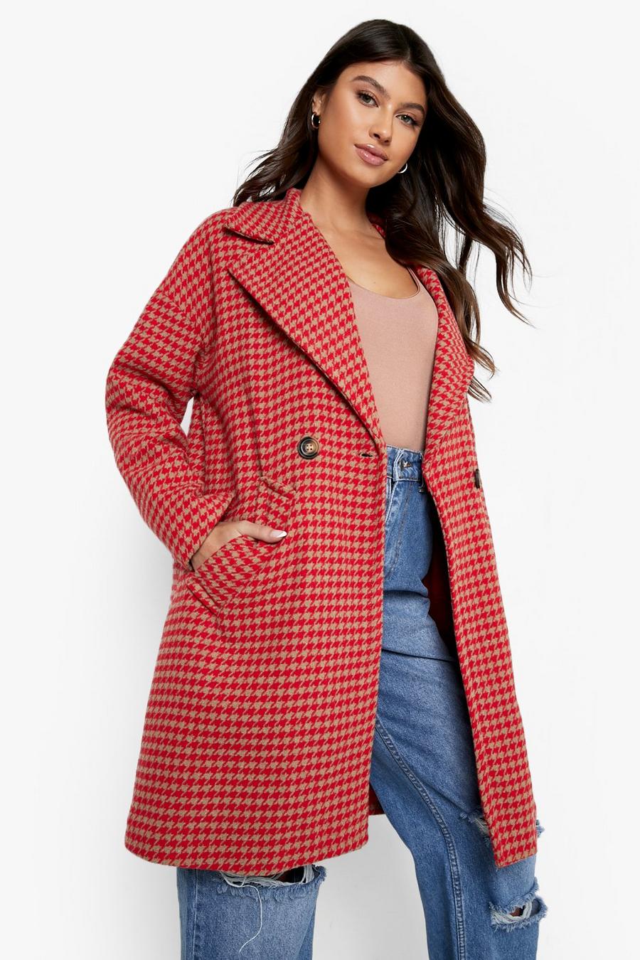 Red röd Check Longline Wool Look Coat