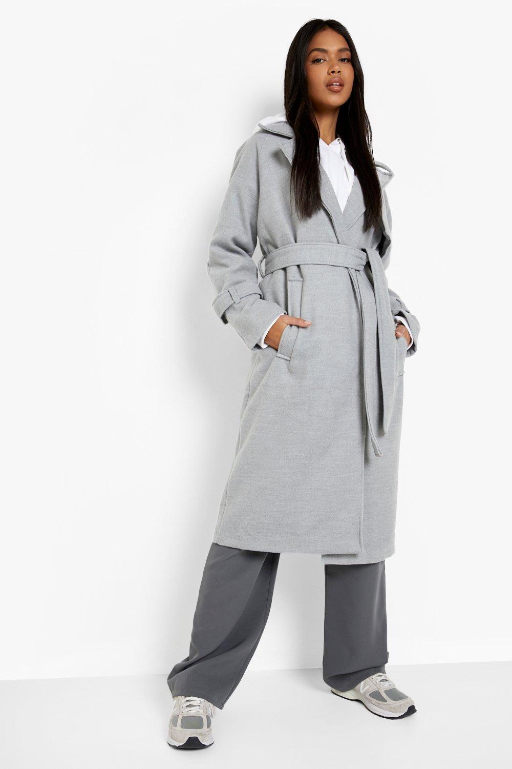 Belted light grey wool coat