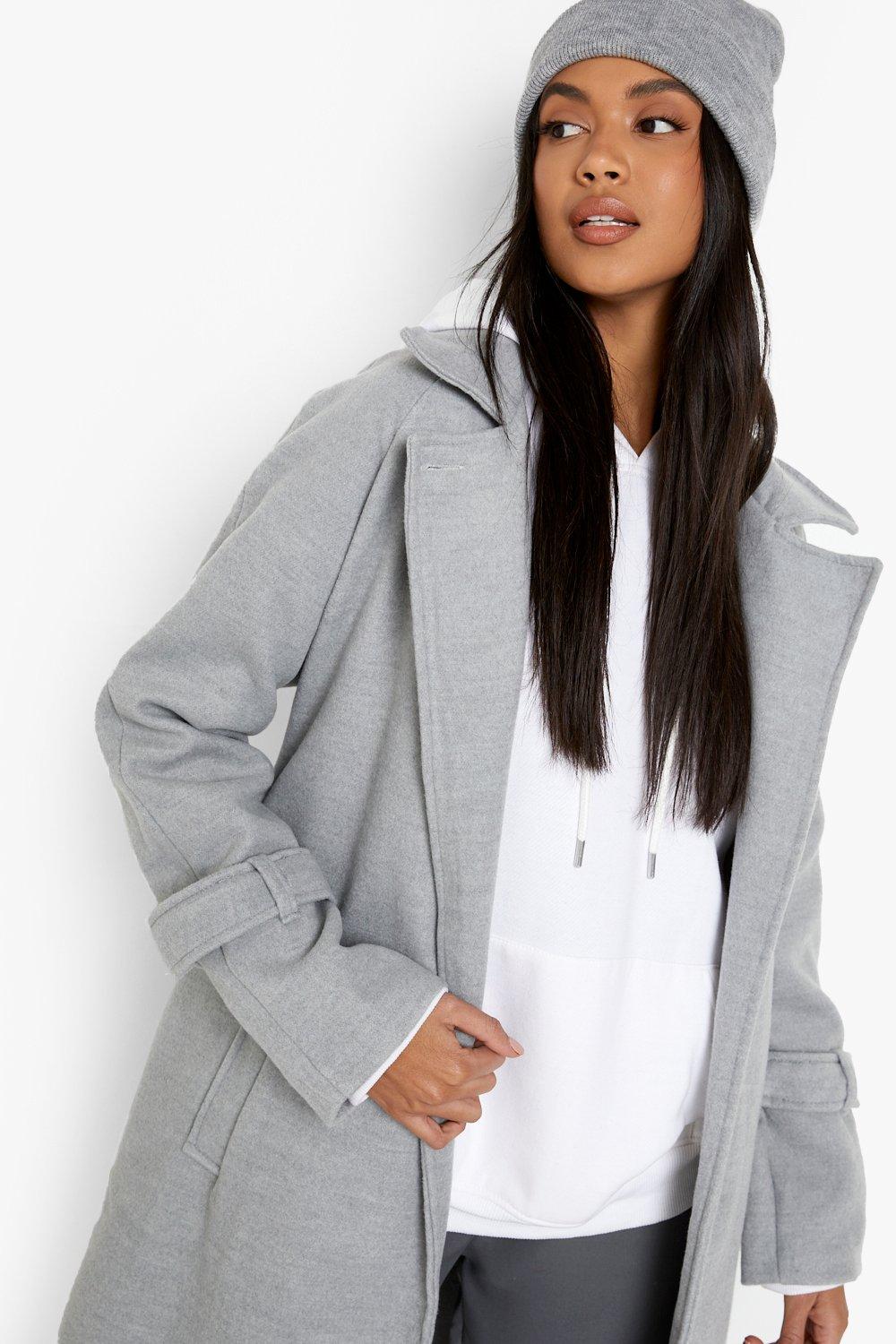 Belted light grey wool coat