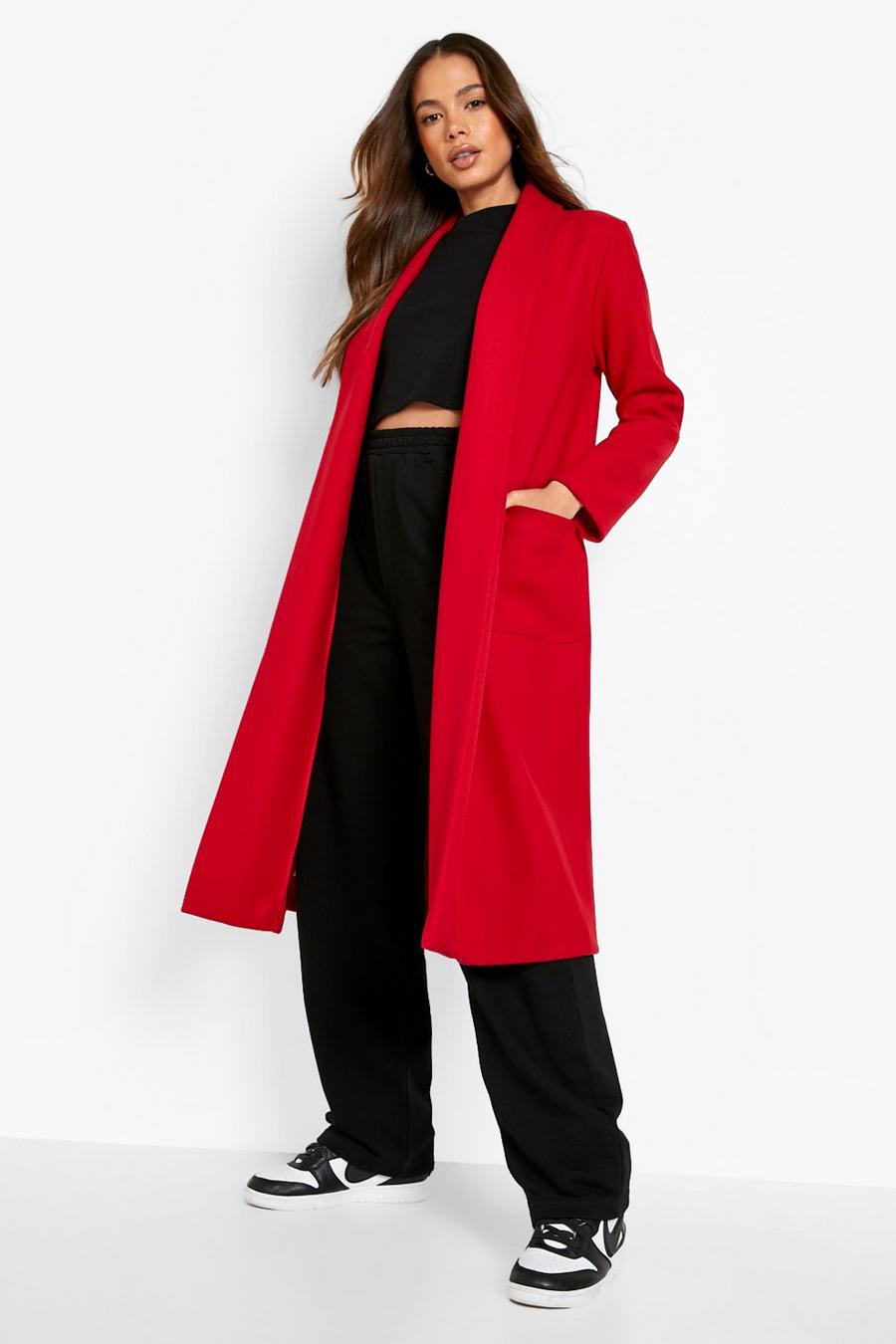 Red Self Belted Wool Look Longline Jacket image number 1