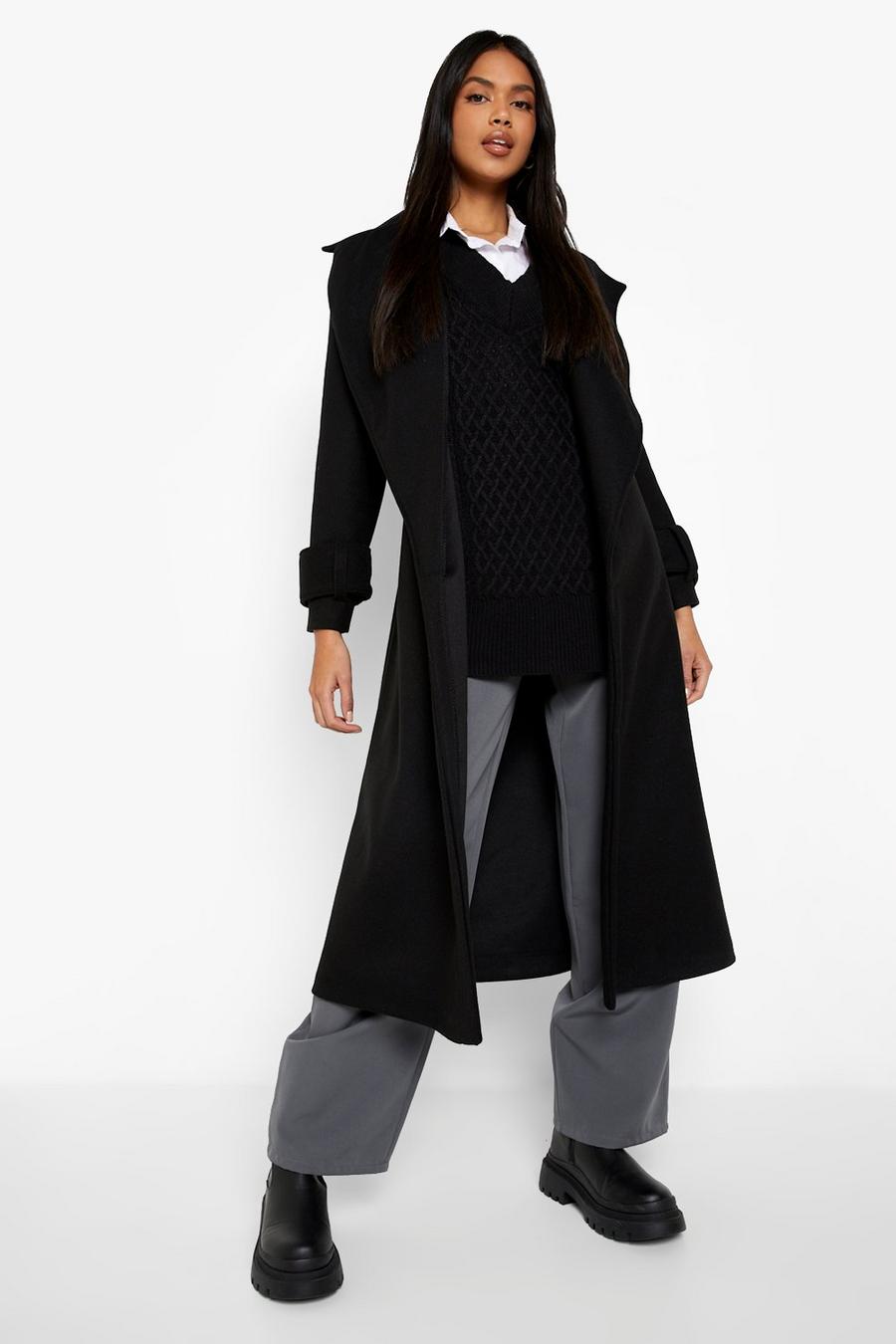 Black Belted Button Detail Wool Look Trench Coat image number 1