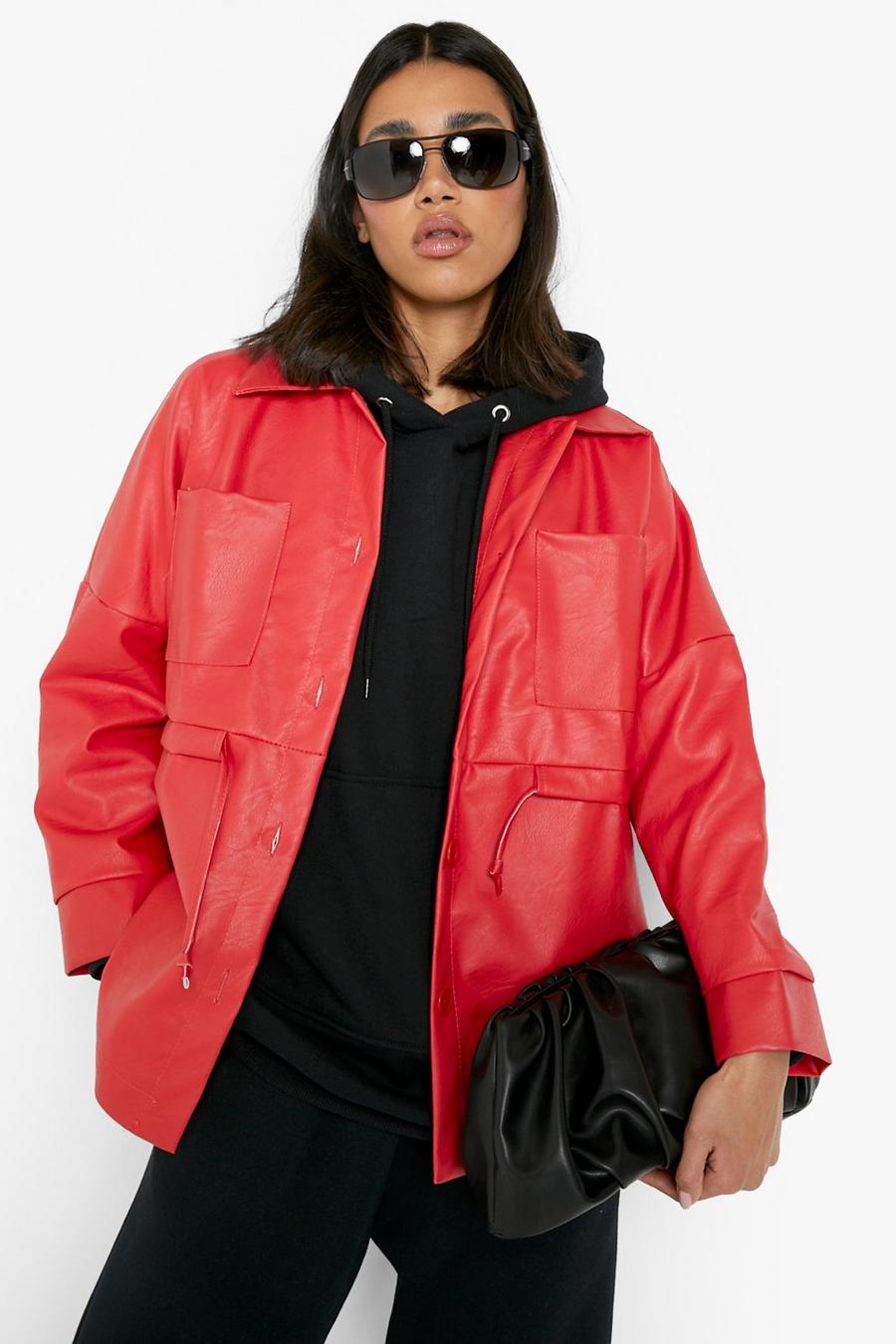 Camisa chaqueta de cuero sintético con cintura ceñida, Red rosso image number 1