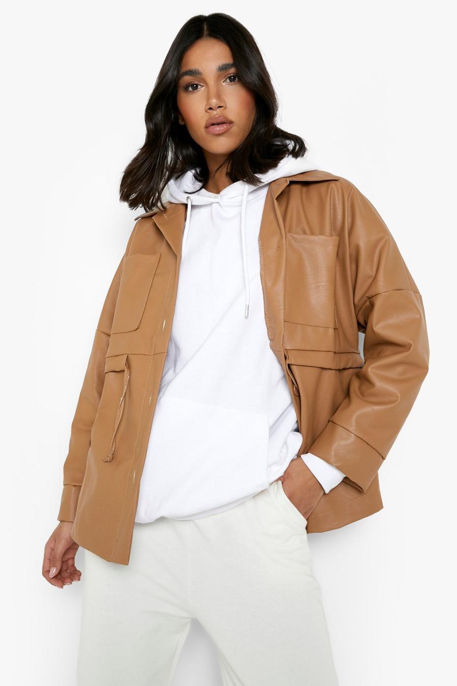 Camisa chaqueta de cuero sintético con cintura ceñida, Tan marrón