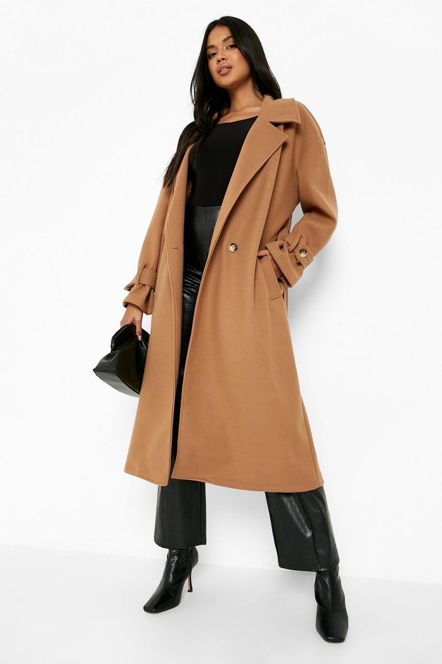 Camel Cuff Detail Wrap Wool Look Coat image number 1