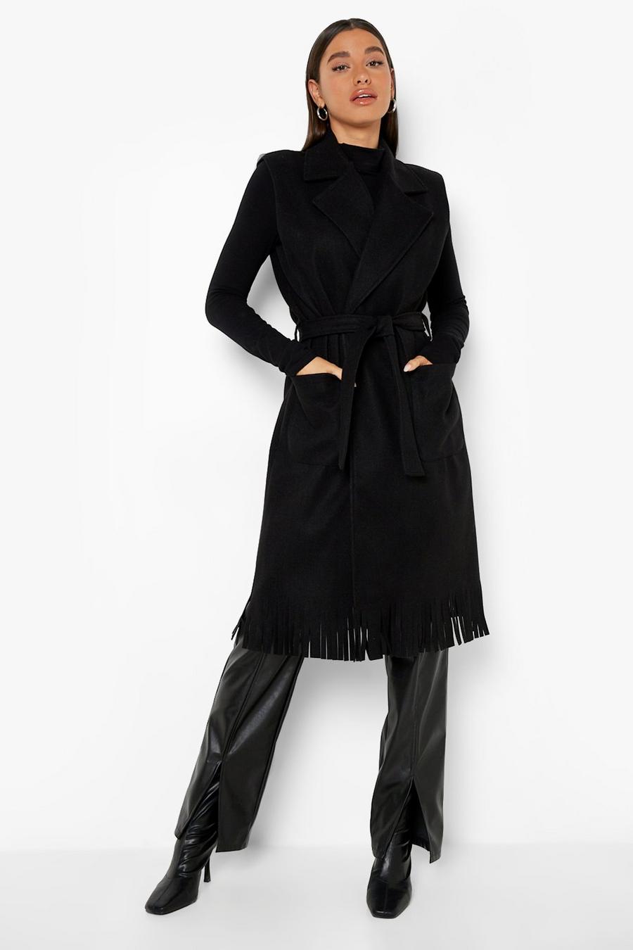Black Sleeveless Tassel Wool Look Coat image number 1