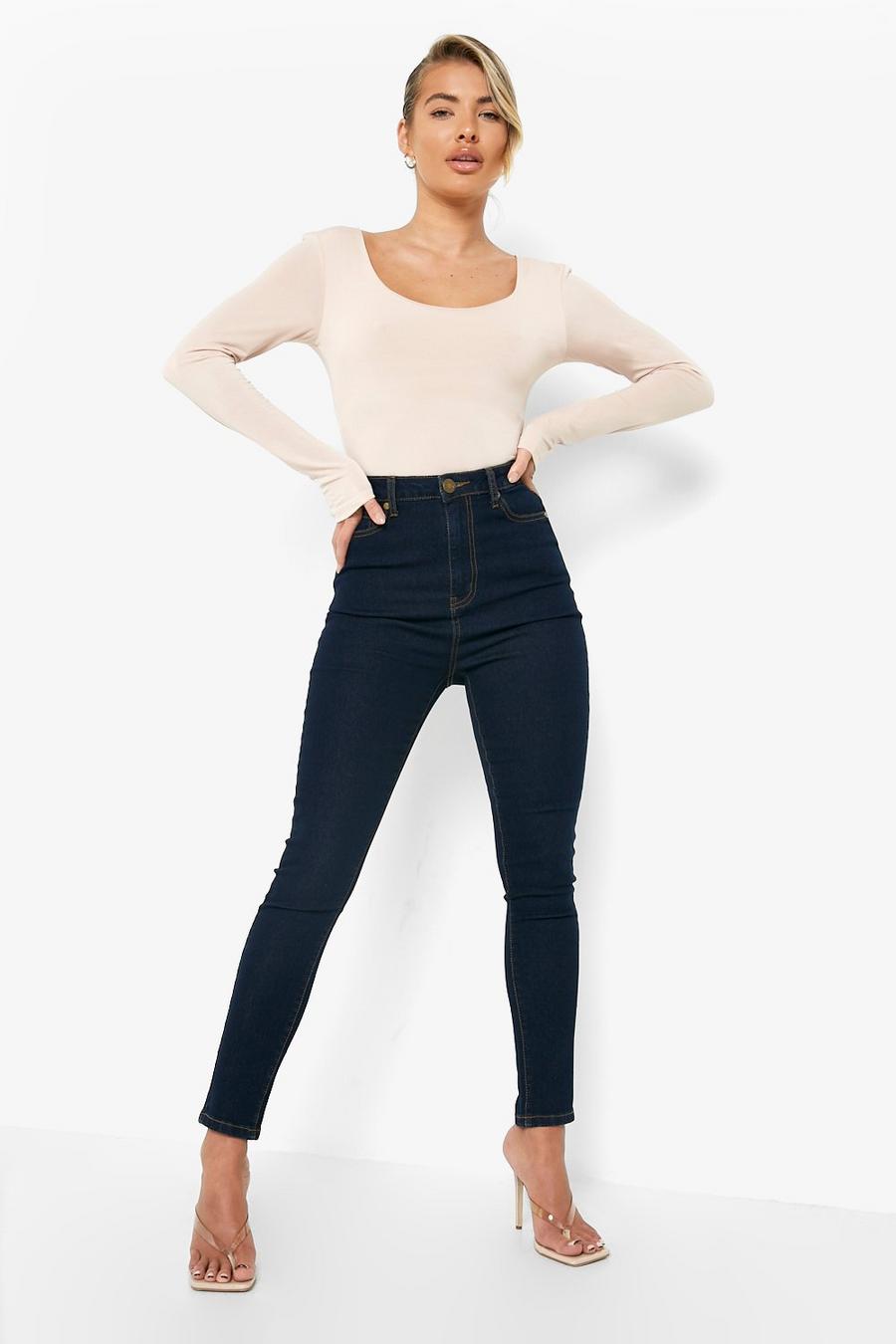 Dark blue Basic Skinny jeans med hög midja image number 1
