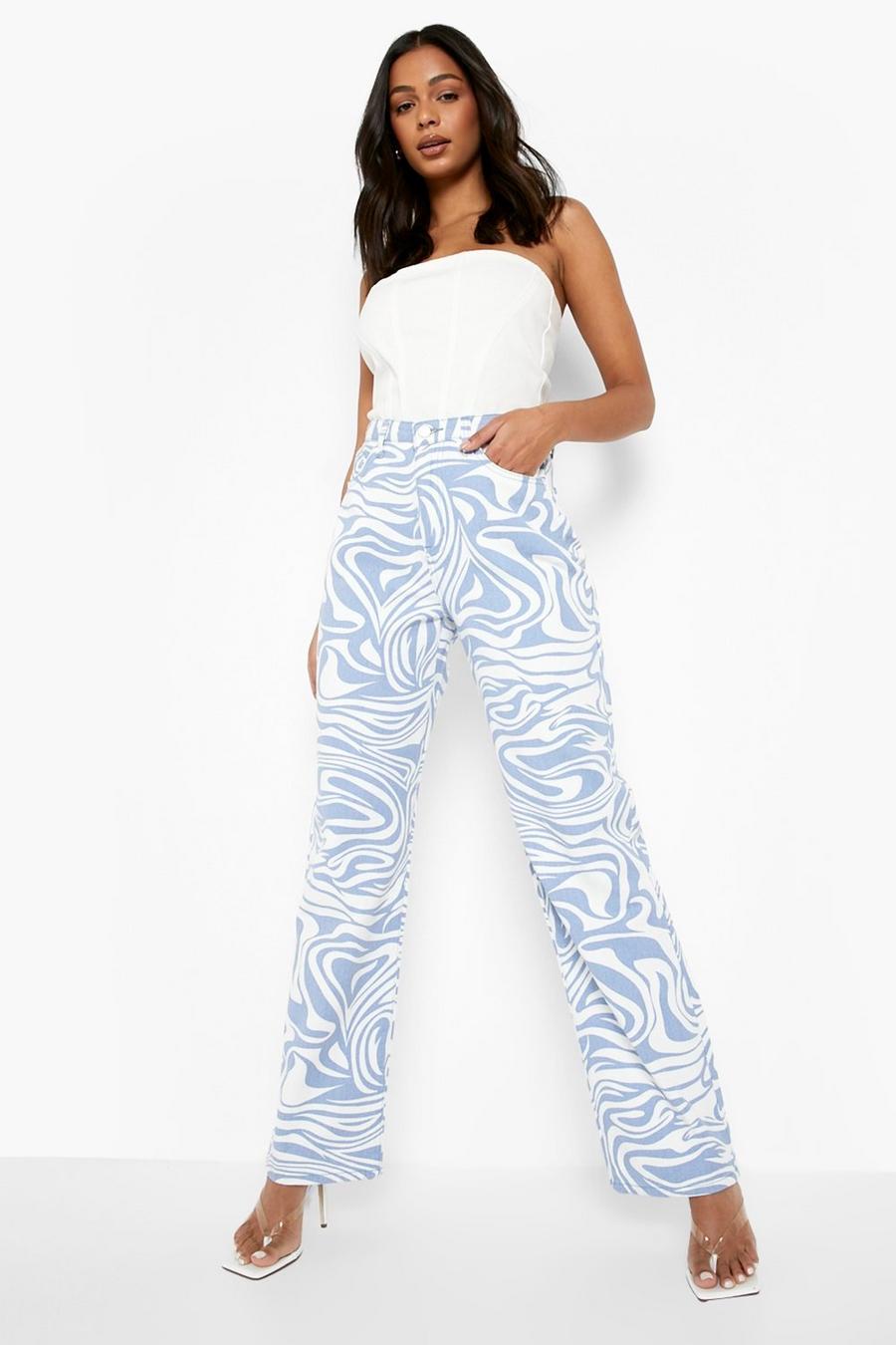 Blue High Waisted Marble Print Wide Leg Jeans