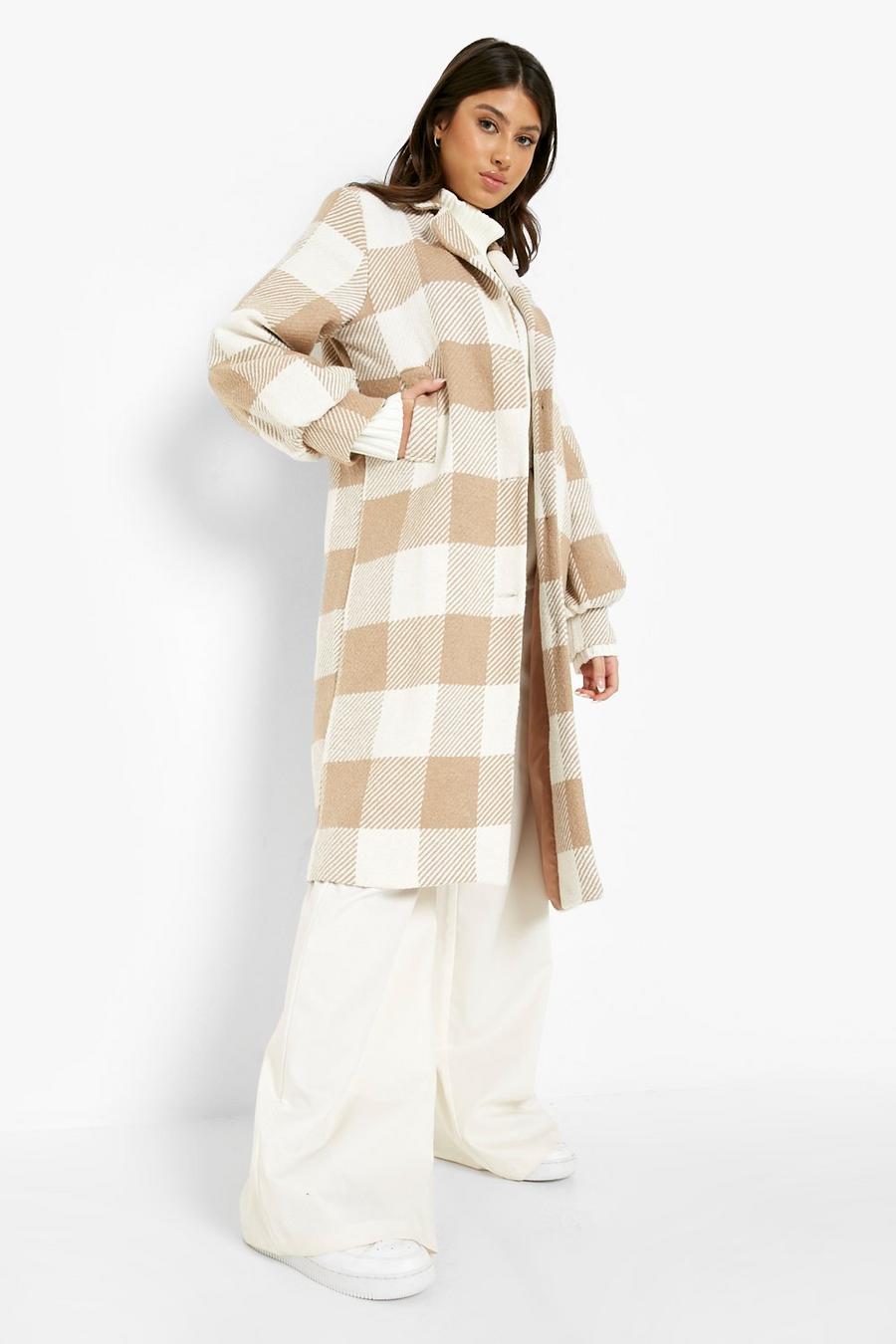 Camel Check Puff Sleeve Wool Look Coat image number 1