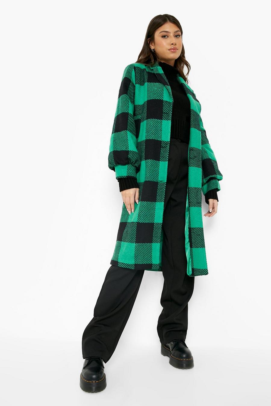 Green Check Puff Sleeve Wool Look Coat image number 1