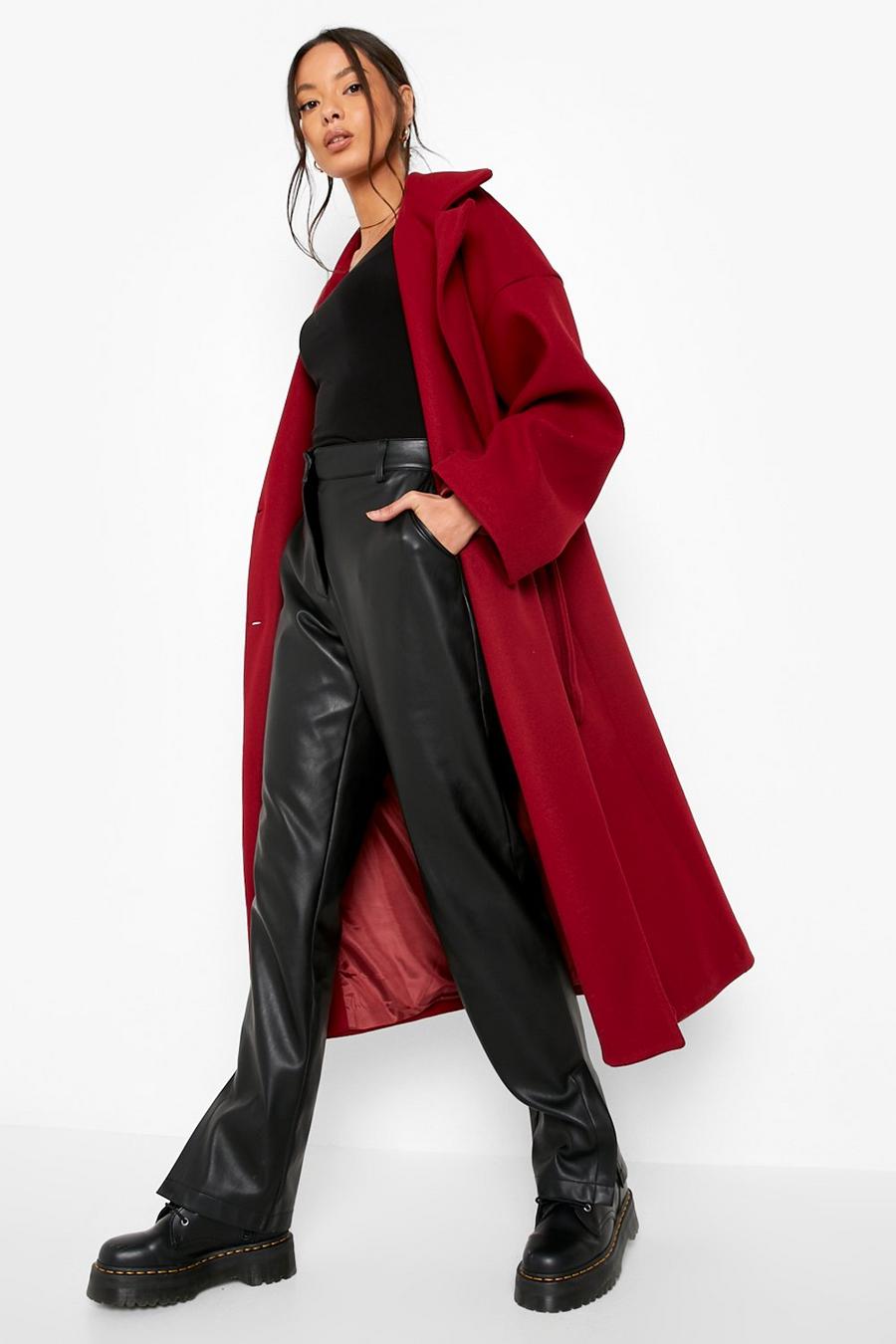 Manteau long effet laine à ceinture , Burgundy rouge