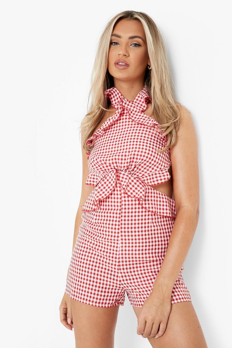 Red Gingham Cut Out Ruffle Playsuit