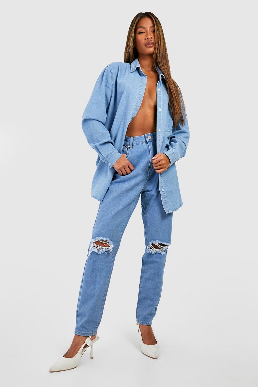Light blue Basics High Waisted Ripped Mom Jeans image number 1