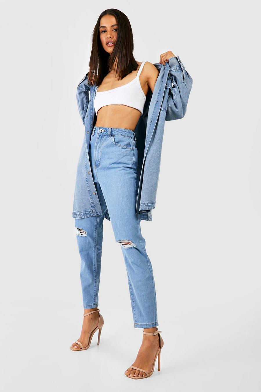 Light wash Basics High Waisted Ripped Mom Jeans image number 1