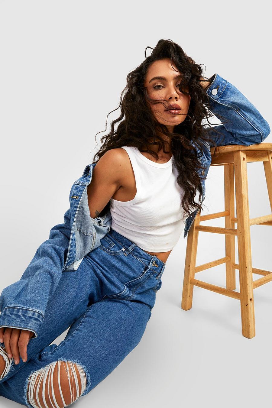 Mid wash blue Basics High Waisted Ripped Mom Jeans image number 1