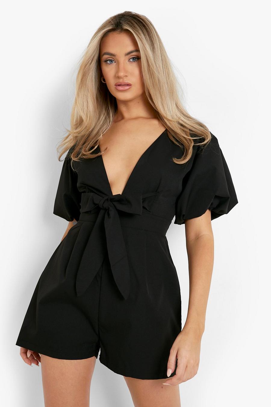 Black Puff Sleeve Tie Front Playsuit image number 1