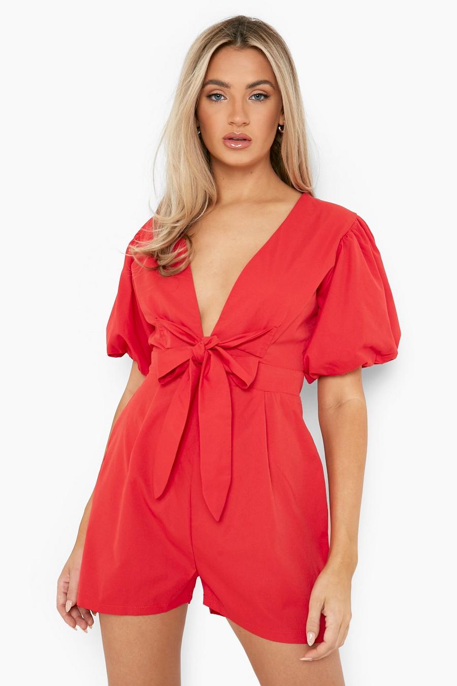Red Puff Sleeve Tie Front Playsuit