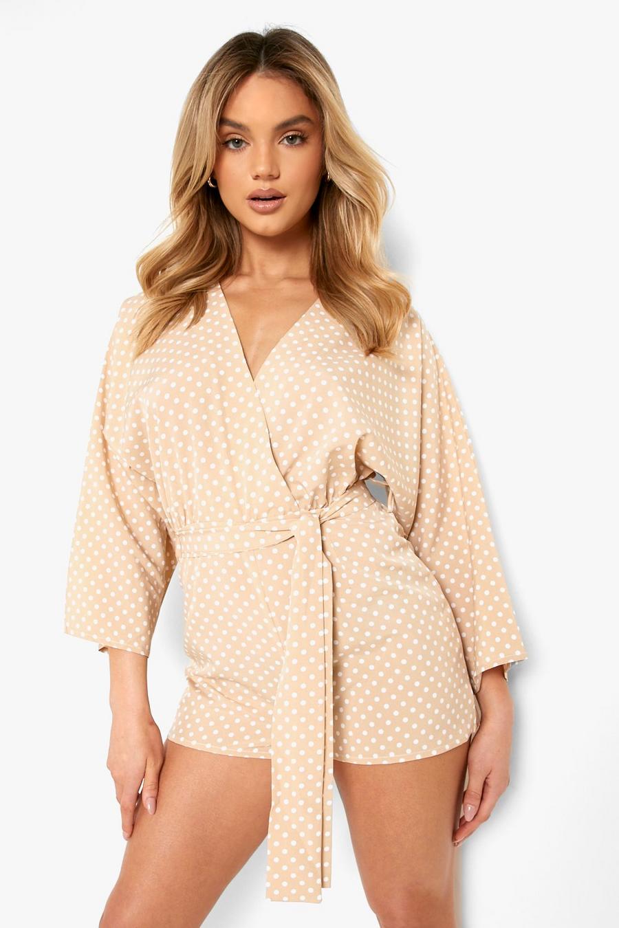 Stone beige Polka Dot Batwing Belted Playsuit