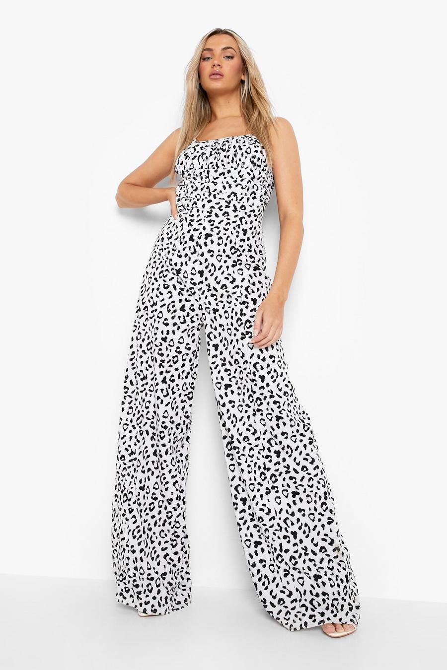 White Animal Print Rouched Bust Wide Leg Jumpsuit image number 1