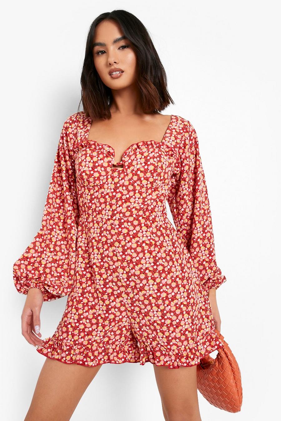 Red Floral Blouson Sleeve Playsuit image number 1