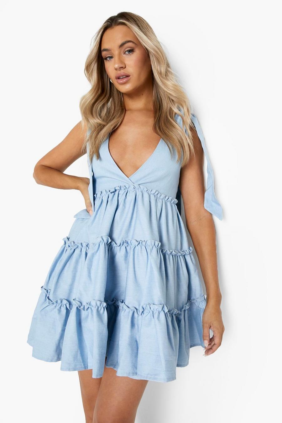 Light blue Tie Shoulder Tiered Chambray Smock Dress
