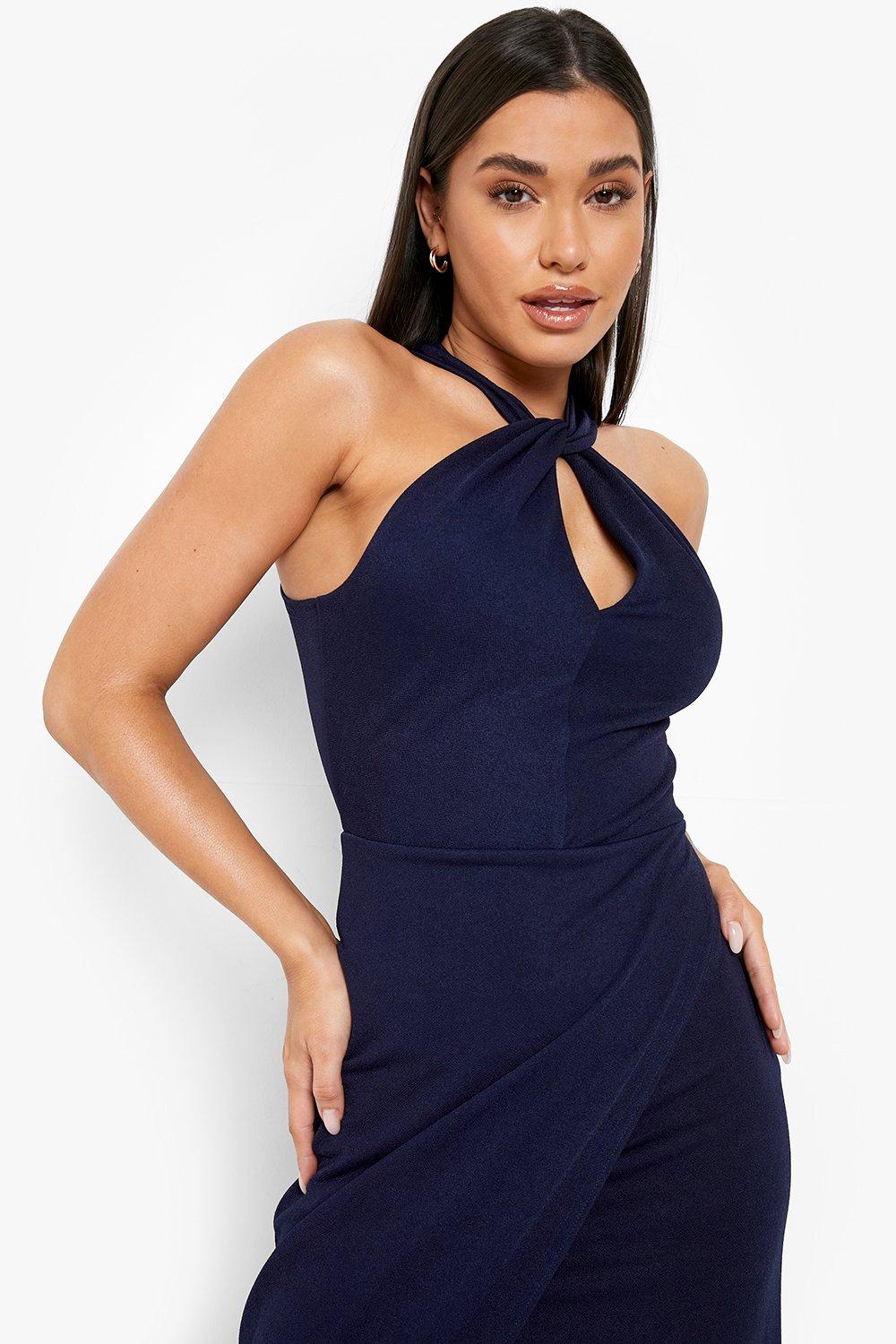 Boohoo twist detail skater dress in navy hotsell