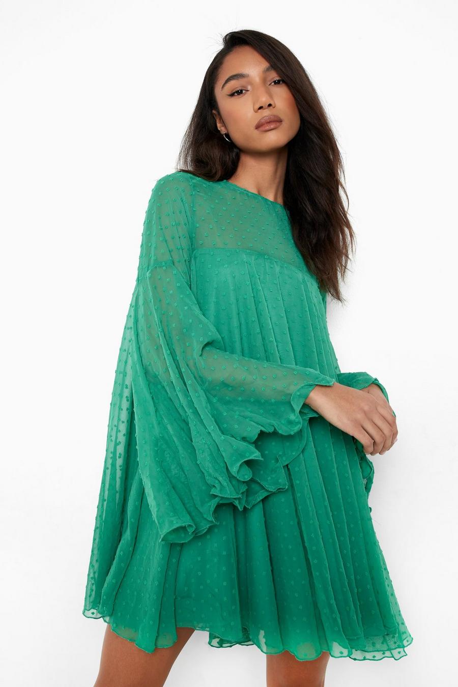 Green Dobby Mesh Pleated Detail Smock Dress image number 1