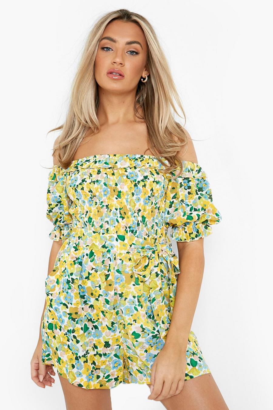 Yellow jaune Floral Off The Shoulder Belted Playsuit