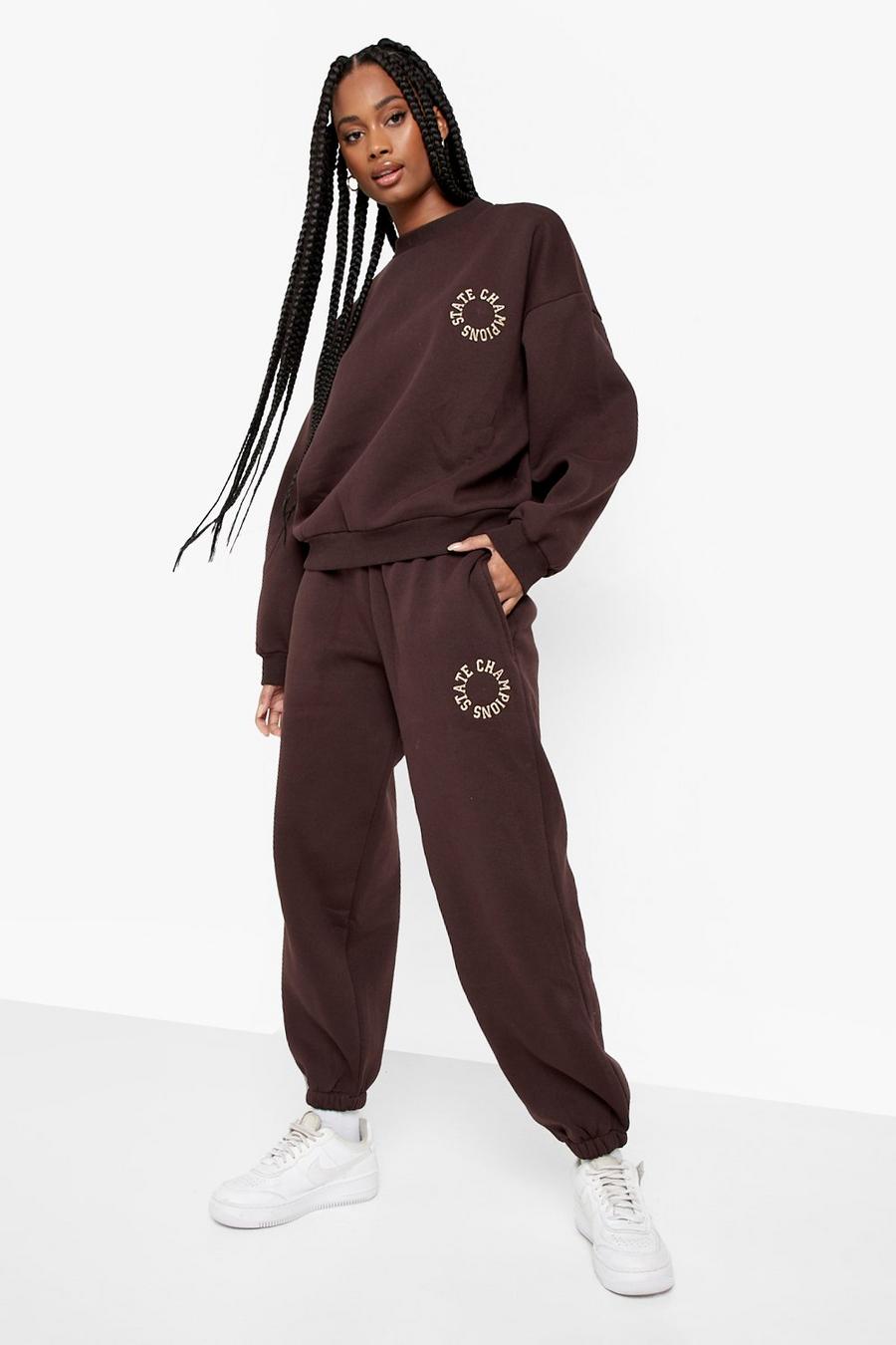 Chocolate brown Varsity Embroidered Sweater Tracksuit