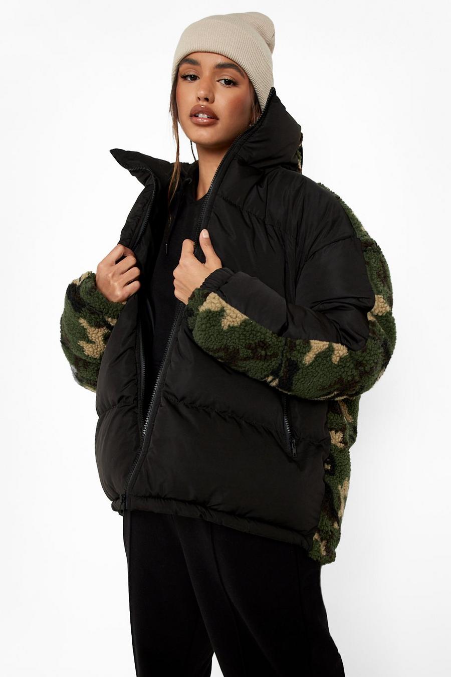 Black Camo Teddy Panelled Puffer Jacket image number 1