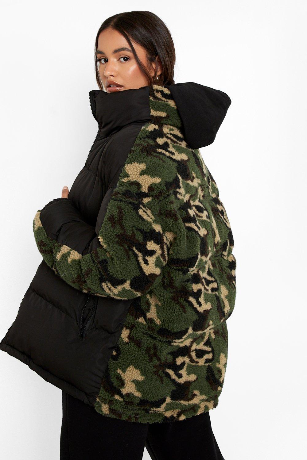 Camo Teddy Panelled Puffer Jacket