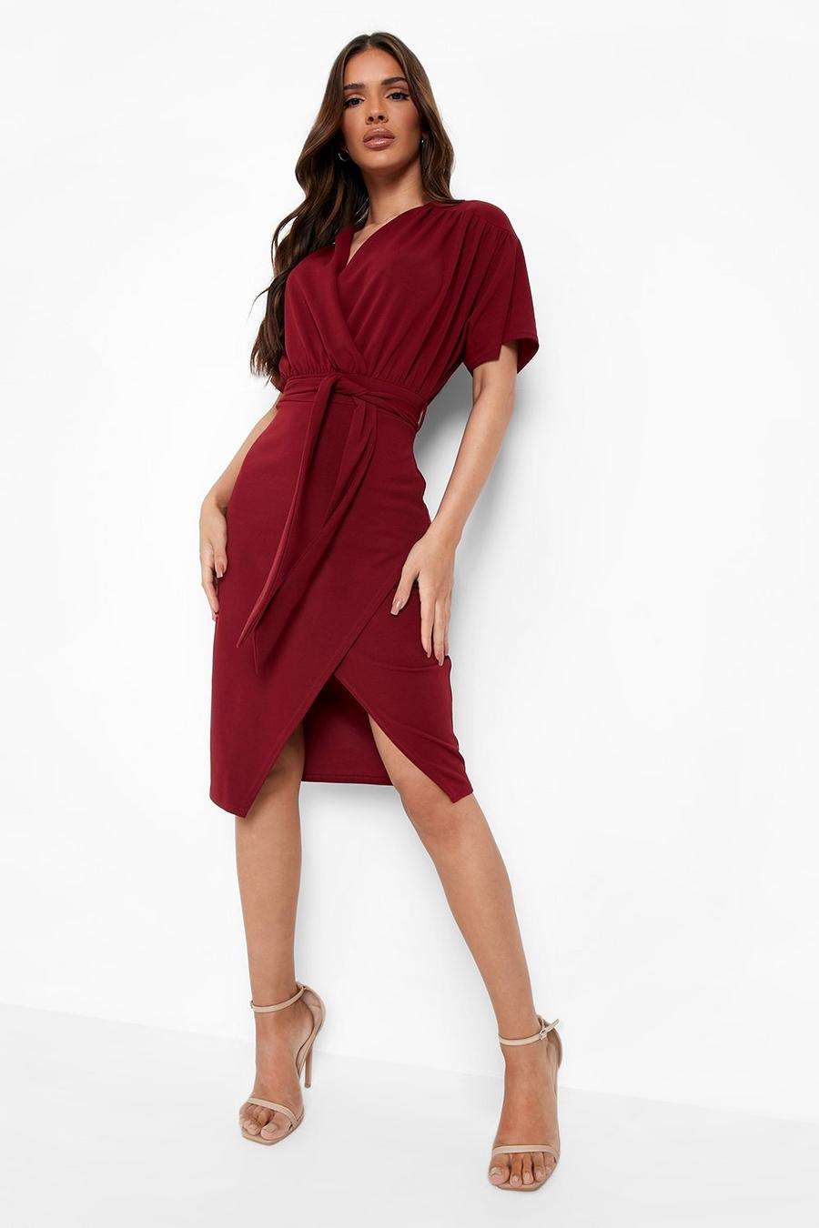 Berry Pleated Shoulder Wrap Midi Dress image number 1