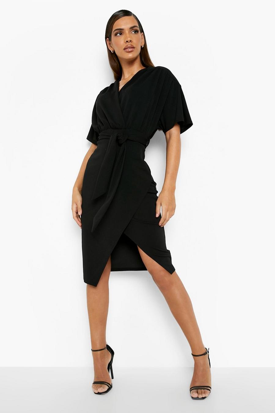 Black svart Pleated Shoulder Wrap Midi Dress