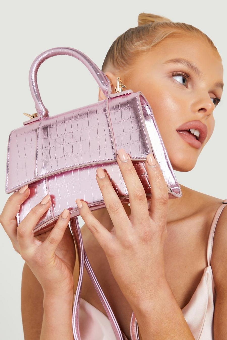 Pink Metallic Croc Curved Chain Cross Body image number 1