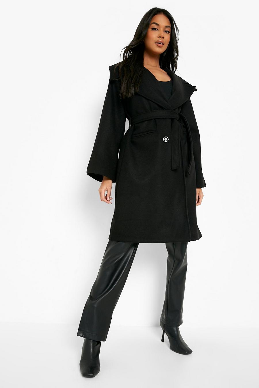 Black Double Breasted Wool Look Longline Coat image number 1