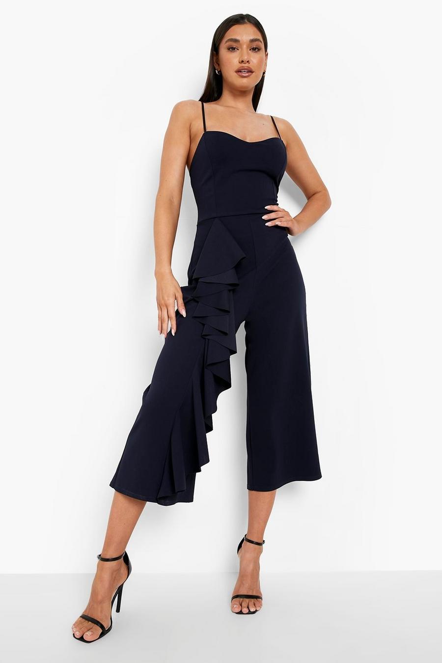 Navy Strappy Ruffle Culotte Jumpsuit image number 1