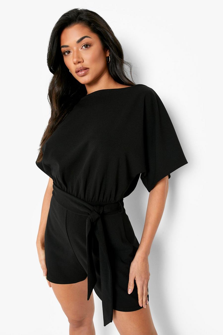 Black Double Layer Belted Playsuit image number 1