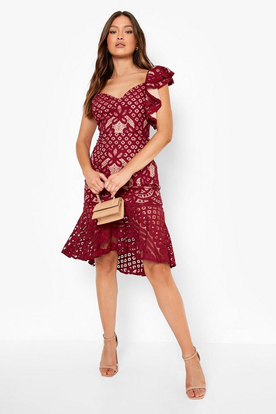 Berry rouge Asymmetric Lace Ruffle Midi Dress