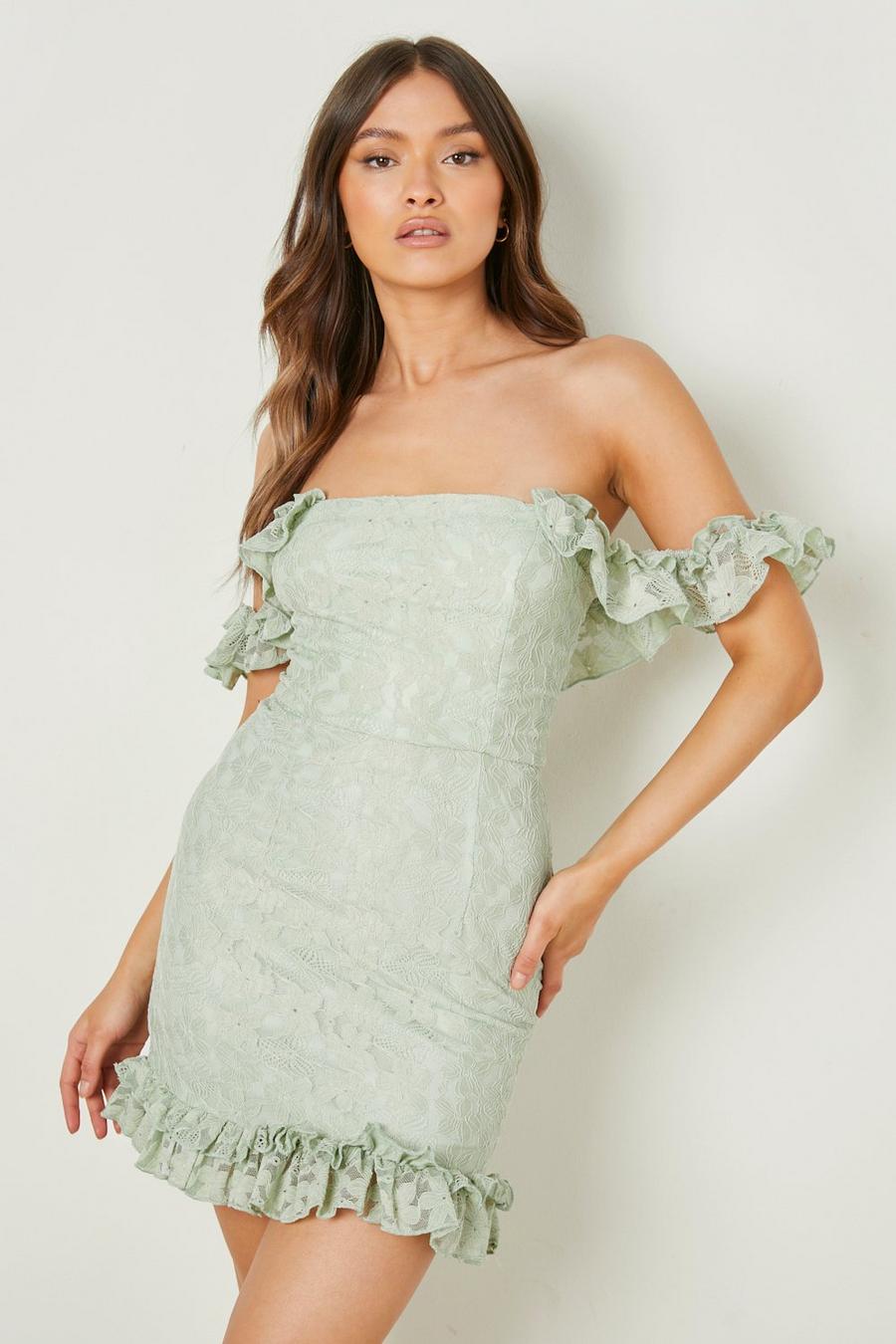 Sage green Lace Off The Shoulder Ruffle Mini Dress
