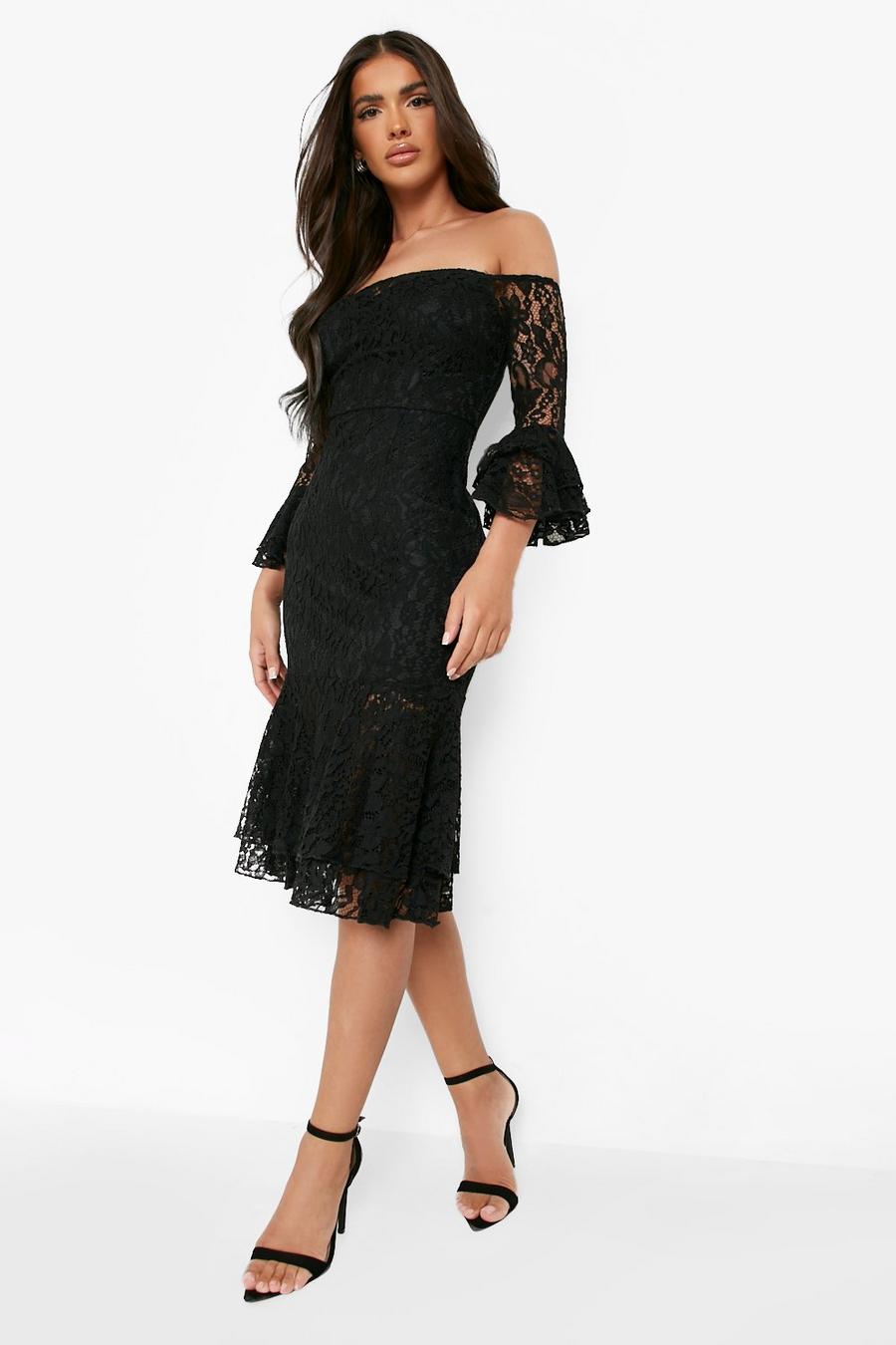 Black Lace Bardot Peplum Midi Dress image number 1
