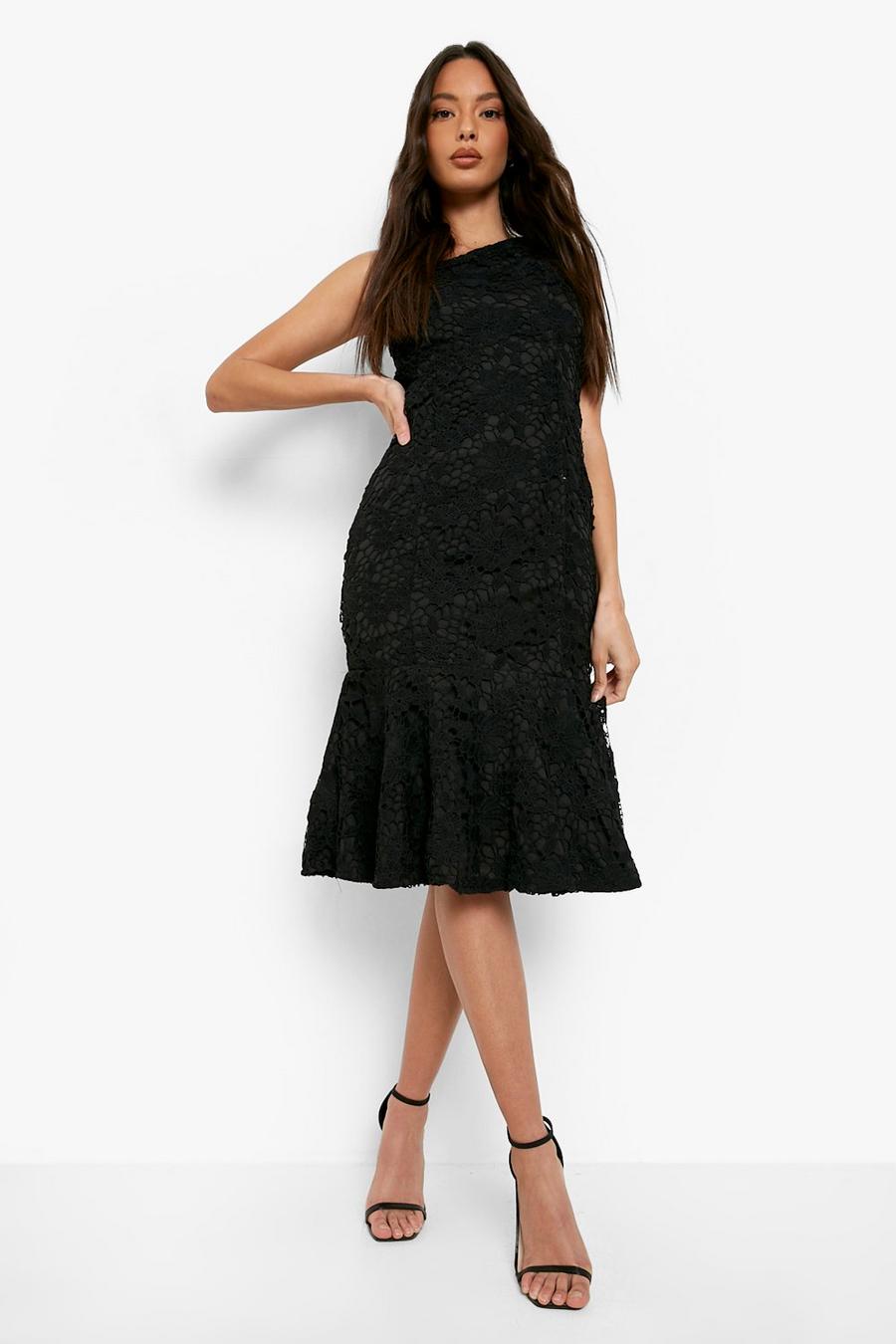 Black Asymmetric Lace Strappy Midi Dress image number 1